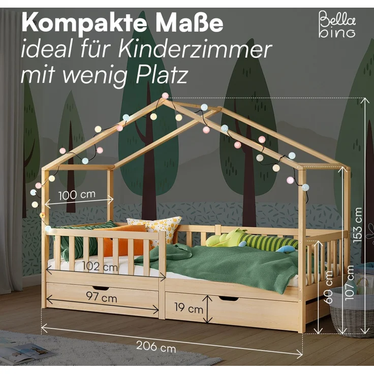 Bellabino 'Bia' Hausbett 90x200 cm mit 2 Schubladen, natur, Kiefer Massivholz, Montessori Kinderbett mit Stauraum, inkl. Rausfallschutz und Lattenrost – Bild 9