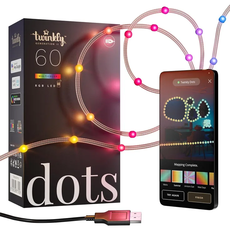 Twinkly Dots - Flexible LED-Lichterkette mit 60 RGB-LEDs - Weihnachtsbeleuchtung für Drinnen und Draußen - App-gesteuerte Weihnachtsdeko, klarer Draht, 3m