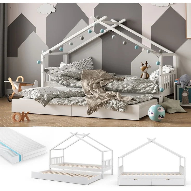 Hausbett Design Weiß 90x200 cm mit Gästebett und Matratze Vitalispa – Bild 2