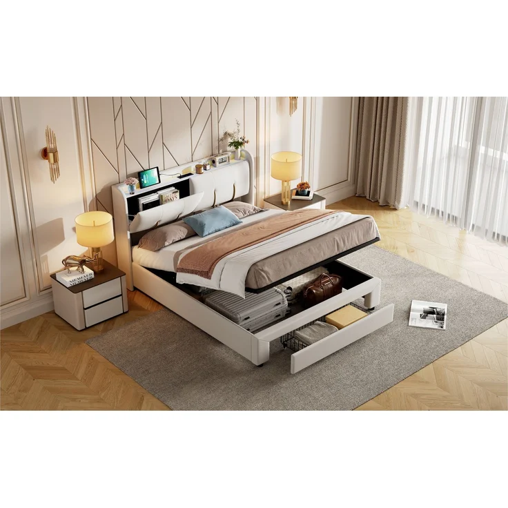 Pressure bed with storage function, light strip and USB charging port, double bed 160 * 200cm beige velvet European standard charger – Bild 3
