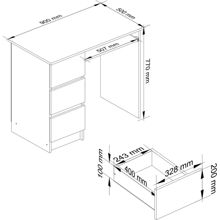 Raumhirsch Furniture Schreibtisch mit Tastaturauszug - zwei Tischvarianten - 90 cm breit, mit 3 Schubkästen - Kasten linke Variante – Bild 3