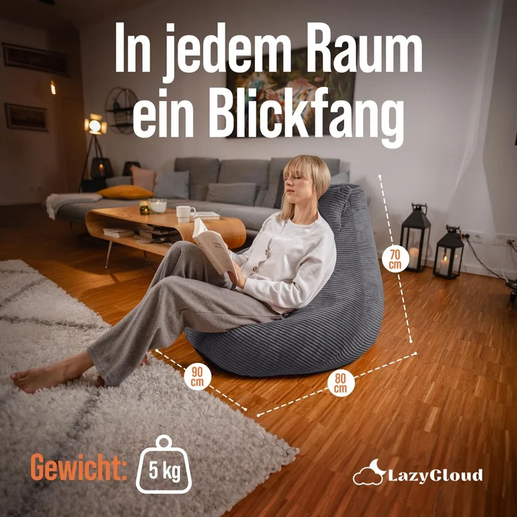 LazyCloud Sitzsack für Erwachsene mit integrierter [Nackenstütze] Cord | XXL Indoor Bean Bag mit Füllung | perfekt als Chill-, Lese- oder Gaming Sessel (90 x 80 x 70 cm) (Anthrazit) – Bild 7