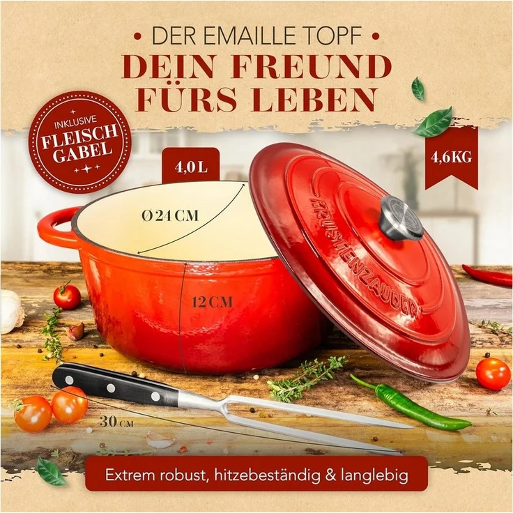 Krustenzauber Schmortopf Gusseisen Topf [inkl. Fleischgabel] backofengeeignet, (Idealer Bräter mit Deckel Backofengeeignet, Kochtopf Induktion, Emaille, Bratentopf Cast Iron) – Bild 2