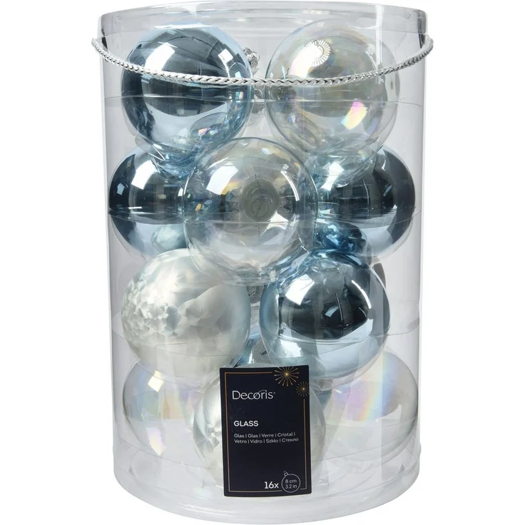 Kaemingk Weihnachtsbaumkugel, Weihnachtskugeln Glas 8cm 16 Stück - Eisblau / Weiß Mix