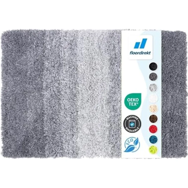 Floordirekt Badematte Wave, Rund, Flauschiger Mikrofaser Badteppich, Rutschfest und Waschbar, Schadstoffgeprüft, Grau/Weiß, 60 x 90 cm