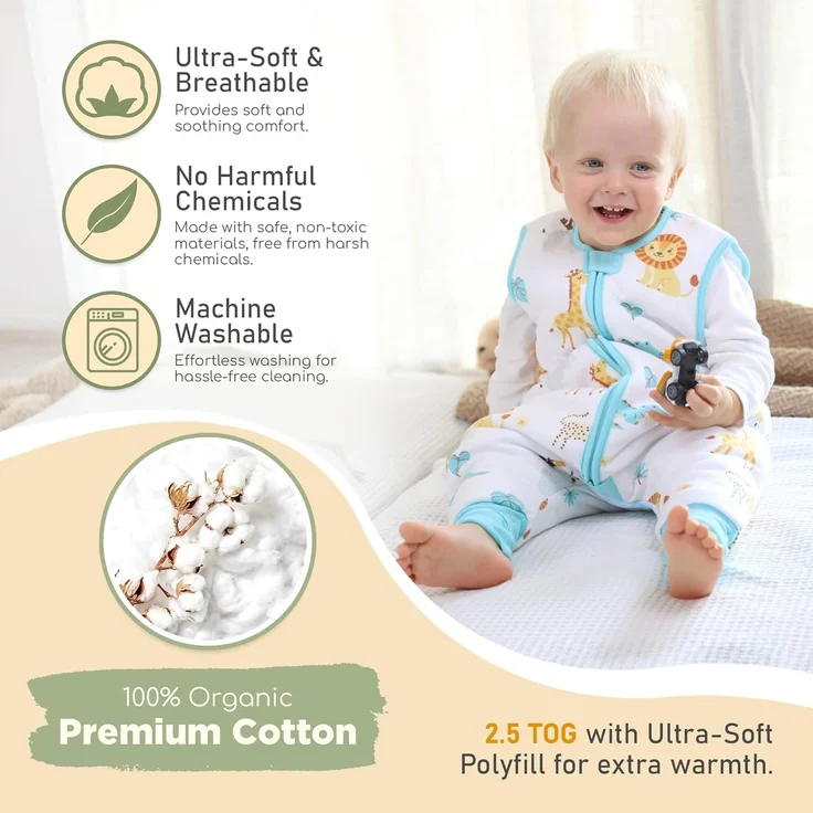 Mama Cheetah Toddler Schlafsack mit Füßen 2T, 2,5 TOG Bio-Baumwolle Baby Schlafsack mit Beinen, Baby Wearable Decken für Walker w / 2-Wege-Reißverschluss, Baby Schlafsack für Mädchen Jungen, Medium – Bild 2