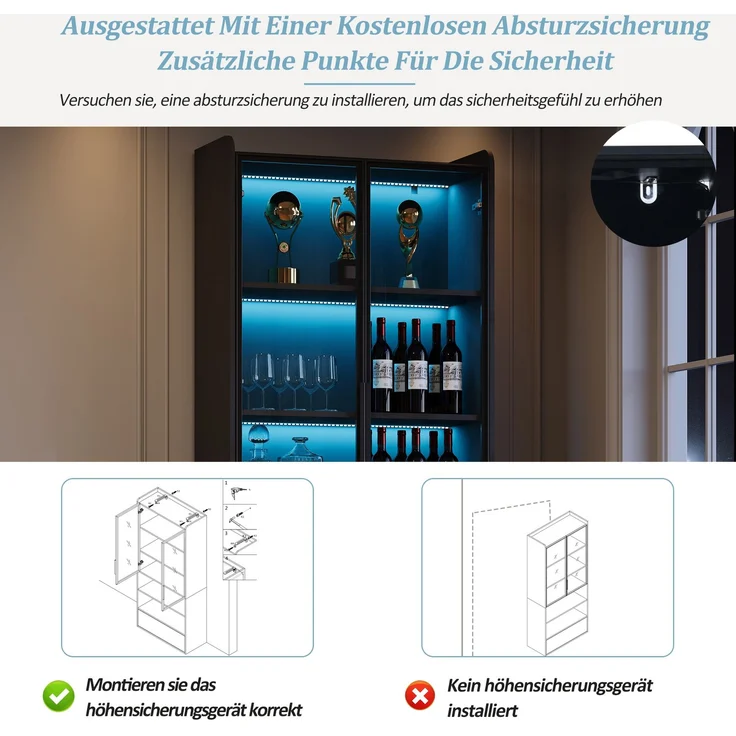 Vitrine B 80 x T 34 x H 180 cm aus MDF und Glas mit LED-Beleuchtung, Schwarz – Bild 7