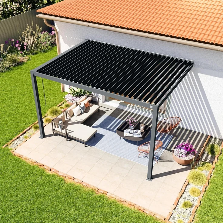 PRIMEYARD Terrassenüberdachung 3x4 m Aluminium-Pfosten mit Lamellendach aus Stahl anthrazitfarbene Anbau-Pergola – Bild 3