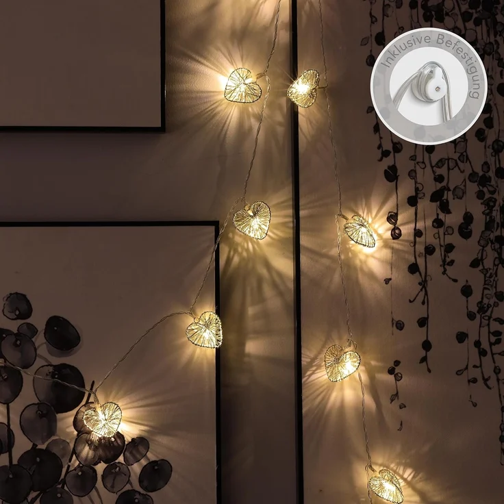 COZY HOME LED-Lichterkette Herz Lichterkette Batterie und Stecker -, 20 LEDs I 5 Meter I Timer-Funktion I Warmweiß I Lichterkette Innen – Bild 2