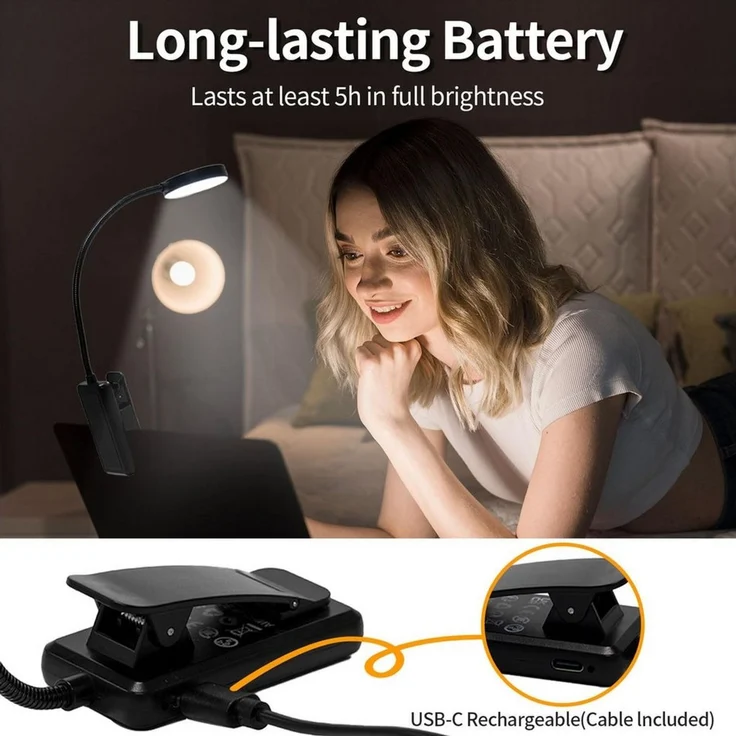 LQWELL LED Leselampe Leselampe Buch Klemme im Bett, USB Wiederaufladbare Leselicht, LED fest integriert, mit 3 Farbtemperaturen, 10 Helligkeitsstufen & Stufenloses Dimmen, 360° Flexibel Buchlampe für Kinder, Buchliebhaber – Bild 3