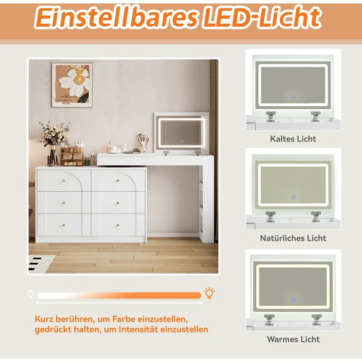 CHICFURN Schminktisch 105x80x40 cm mit LED-Beleuchtung und 7 Schubladen – drehbar Weiß – Bild 5