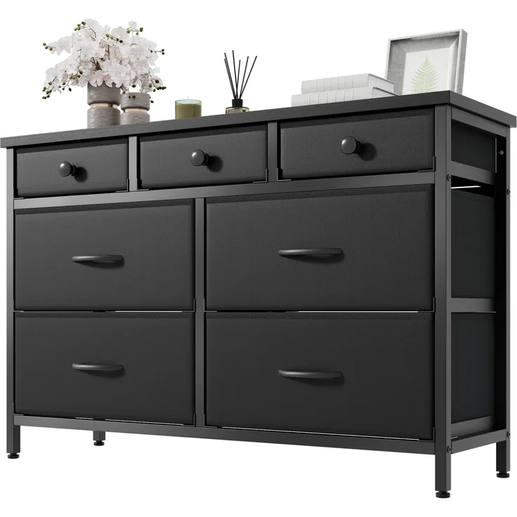 Feonase Kommode mit 7 Schubladen, robuster MDF-Platte und Stahlrahmen, Moderne Stoffkommode fürs Schlafzimmer, Rustikales Schwarz