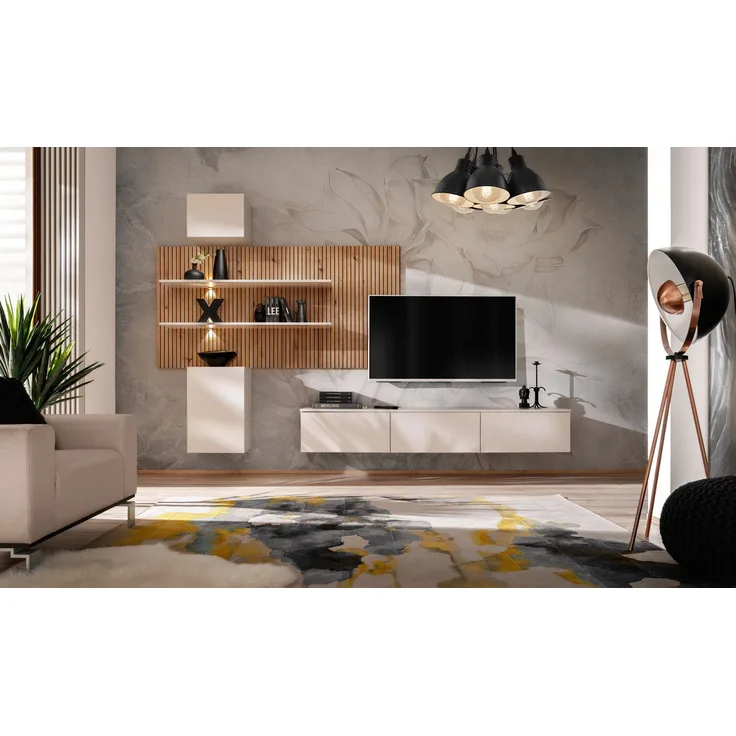 Wohnwand Gusto PW B in Kaschmir und Artrisan mit Streifenaufdrück Wandpaneel 280 x 180 x 45