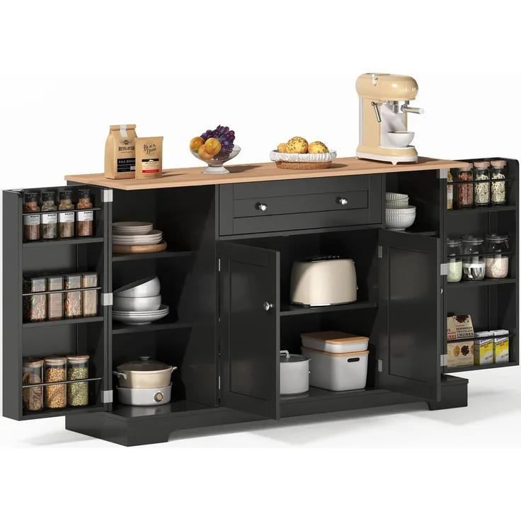 SeedWave Anrichte Modern Küchenbuffet Mehrzweckschrank Beistellschrank mit Viel Stauraum, Türregale mit Schutzgeländern, Wandhalterung für Anti-Kipp Funktion