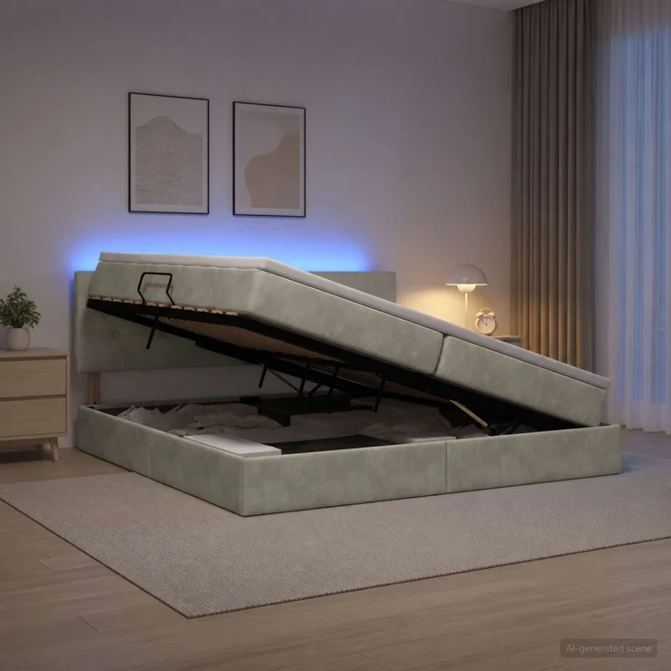 vidaXL LED-Speicherbett mit Matratze Hellgrau 200 x 200 cm Samt 3459270 – Bild 4