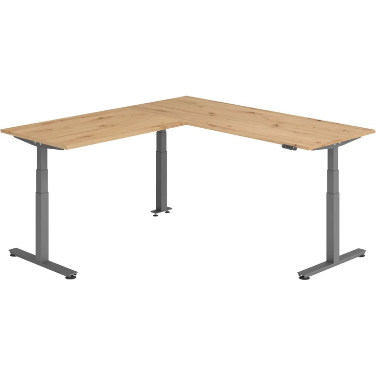 bümö Eckschreibtisch elektrisch höhenverstellbar L-Form: 200 x 220 cm in Asteiche, Gestell graphit - Stehschreibtisch mit Memory-Steuerung, elektrischer XXL Schreibtisch für die Ecke, XDSMW-2014-R-G – Bild 1