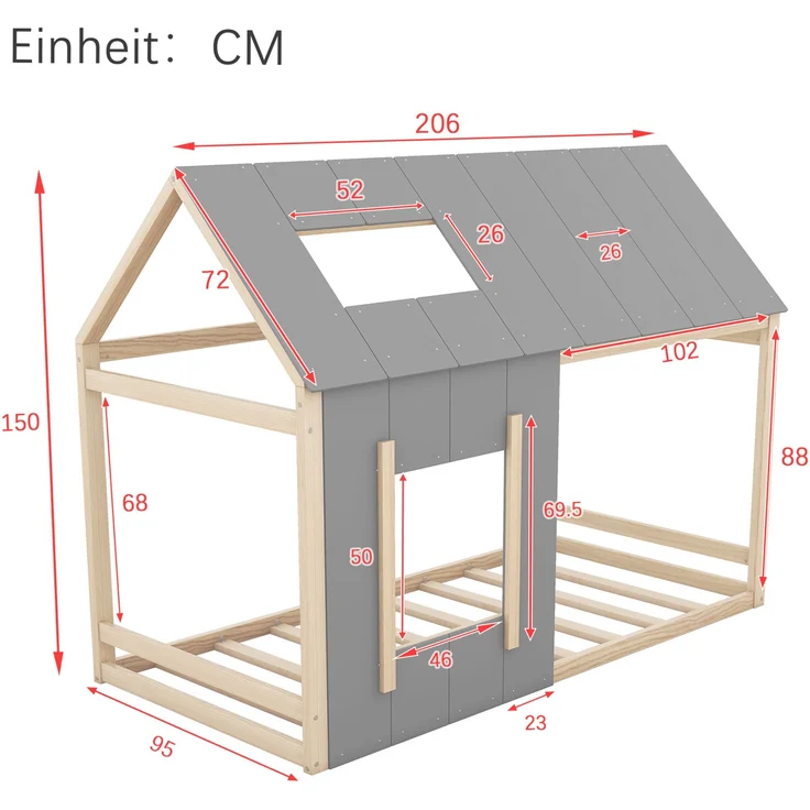 Bett 90x200 cm in Hausform aus Kiefernholz – Natur/Grau, offenes Design mit Dach und Fenster – Bild 6