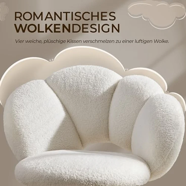 Yaheetech Schreibtischstuhl Bürostuhl Ergonomisch Bürosessel in Wolkenform Schminktischstuhl bis 136 kg Belastbar Computerstuhl Höhenverstellbar für Schlafzimmer Büro Wohnzimmer Weiß – Bild 5