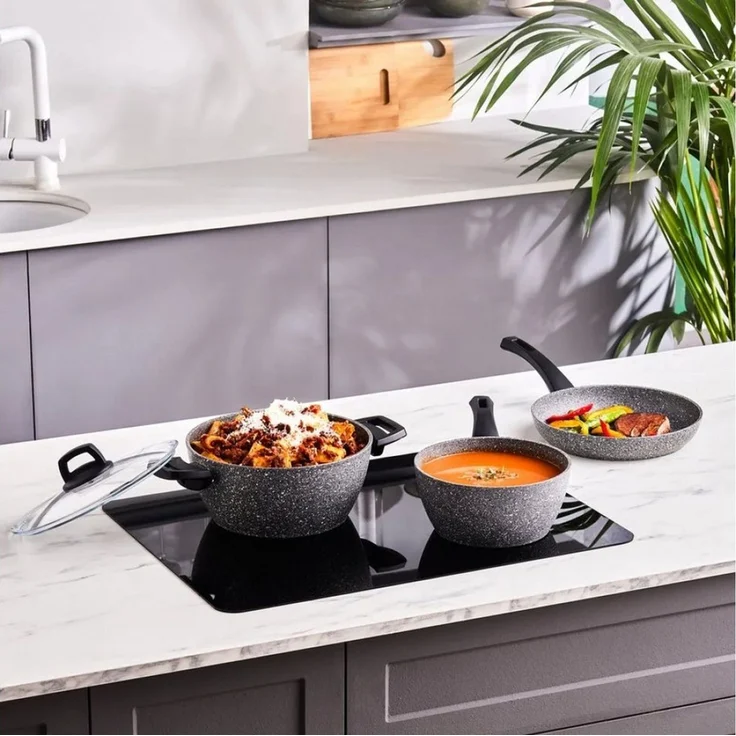 Karaca Topf-Set Karaca Gris Biogranite Induktion-Basis Kochgeschirr-Set, 5 Teilig, Bratpfanne Kochgeschirr Bratentopf Fleischtopf Stieltopf Pfanne – Bild 3