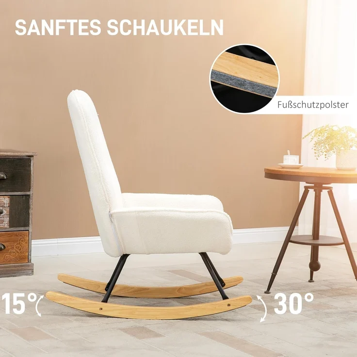 HOMCOM Schaukelstuhl mit Sherpa-Vlies Relaxstuhl, Wohnzimmersessel (Schaukelsessel, 1 St), für Wohnzimmer, Schlafzimmer, Sherpa Vlies, Cremeweiß – Bild 4