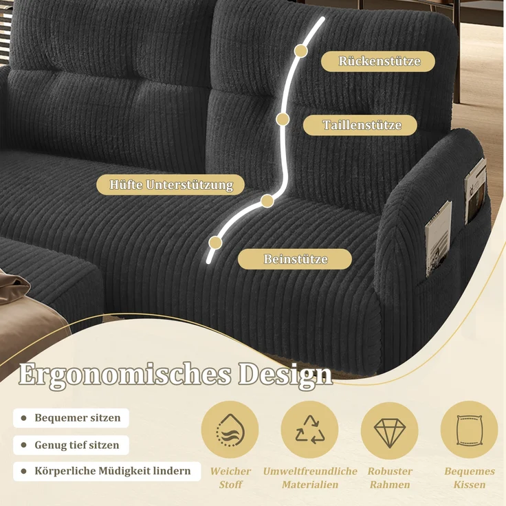 LVHOM 2-Sitzer Sofa mit Metallsockel, Doppelsofa Cordstoff mit Seitentaschen, Polstersofa Stoffsofa Sitzmöbel Loungesofa, 120x79x75cm – Bild 5