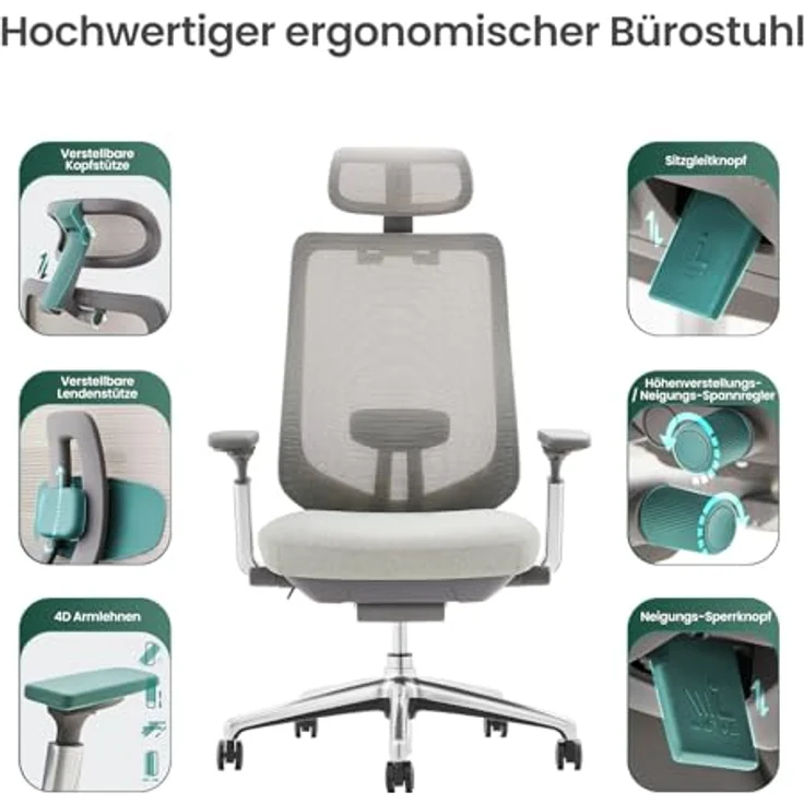 COLAMY XK Atlas Ergonomischer Bürostuhl, Netz-Chefsessel mit verstellbarem Kopfstütze, Computer Schreibtischstuhl Drehstuhl mit 4D-Armlehnen, Aluminium Basis/Schiebesitz/Neigungssperre, Hellgrau – Bild 6