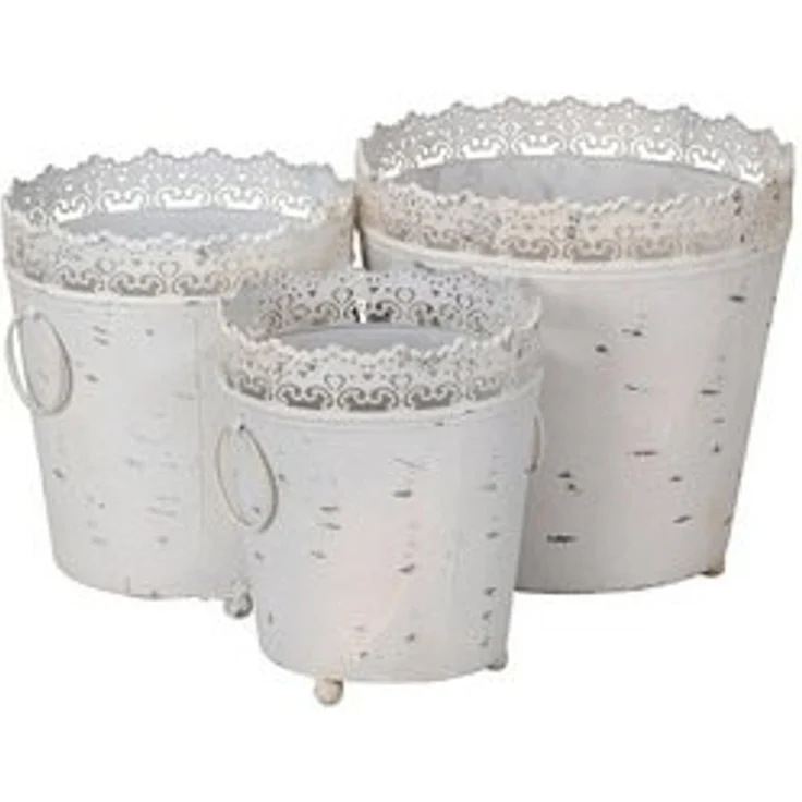 Levandeo® Pflanzkübel, Pflanzkübel 3er Set Eisen Weiß Grau Shabby Chic Vintage Kübel Deko – Bild 4