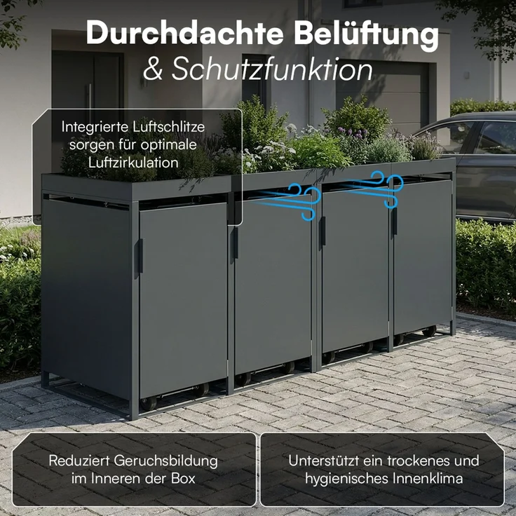 STEELSØN 'Thoria' Mülltonnenbox 4er je 240 Liter, anthrazit, Mülltonnenverkleidung aus Stahl, wetterfest, 125x80x268 cm, Müllbox mit Pflanzendach für 4 Tonnen – Bild 6
