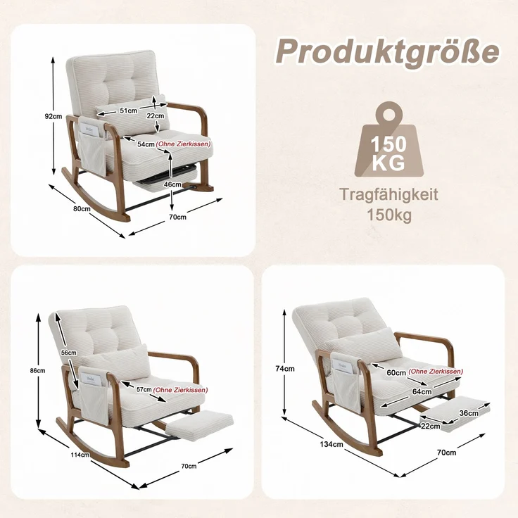 LVHOM Schaukelstuhl mit ausziehbarer Fußstütze, Relaxsessel mit verstellbare Rückenlehne, Loungesessel mit Seitentasche, bis 150 kg belastbar, Beige – Bild 6