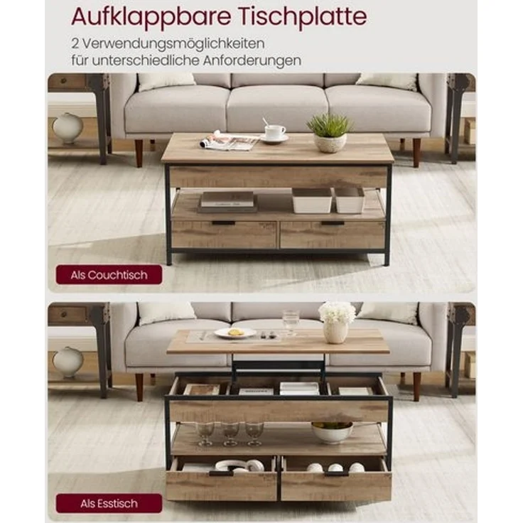 Vasagle Couchtisch, höhenverstellbarer Wohnzimmertisch, Kaffeetisch, mit Schubladen, offenes Fach,50x100 x (48-63)cm， kamelbraun-schwarz – Bild 3