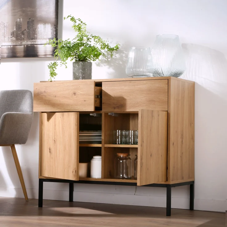 Casâme 'LENNY' Kommode, 2 Türen, 2 Schubladen, Eichendekor - L90 x H80 cm - Eiche – Bild 7