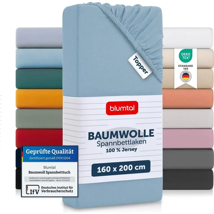 Blumtal® Baumwolle Spannbettlaken für Topper 160x200 cm Basics Jersey im 2er Set - Bettlaken 160x200 cm - OEKO-TEX zertifiziertes Spannbetttuch 160x200 - Topper Spannbettlaken 160x200 - Dusk Blue – Bild 1