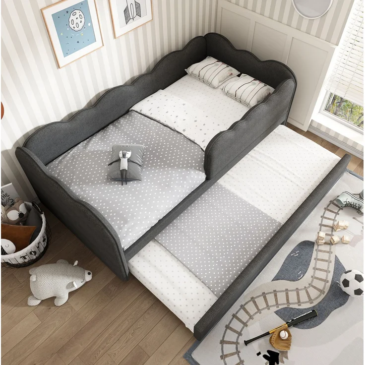 CHICFURN Ausziehbett 90/180x190 cm Leinen Grau mit Ausziehbett und abnehmbarer Frontbegrenzung – Bild 2
