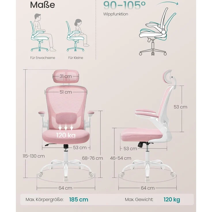 Songmics Bürostuhl ergonomisch, mit Mesh, gepolsterte Lendenstütze, Wippfunktion, 53 cm große Sitzfläche, klappbare Armlehnen, Kopfstütze, pastellrosa, 64x64 x (115-130) cm – Bild 2