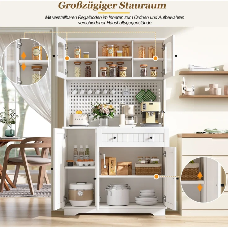 Vitrinenschrank mit Tür, Küchenschrank, Hochschrank, verstellbaren Einlegeböden, Lochblech, Weiß, 103.5× 40 × 180 cm--Weiß--103.5x40x180cm--YOUDENOVA – Bild 8