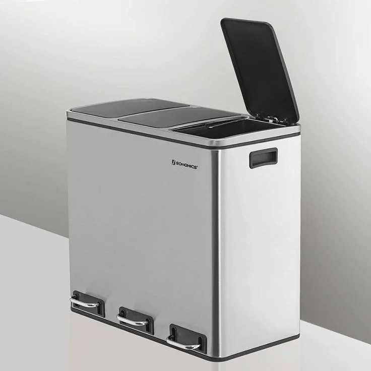 Songmics Mülleimer mit Deckel mit langsamem Verschluss, Inneneimern & Griffen, Silber, 3 Fächer, 3x18 Liter – Bild 4