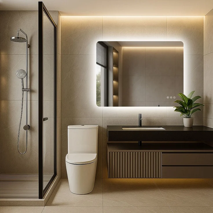 Pesenxan LED Badspiegel 80x60 cm, Badezimmerspiegel mit 3 Lichtfarben, dimmbar, Touch-Schalter & Antibeschlag, IP44, rahmenloses Design, für Badezimmer, Silber – Bild 4