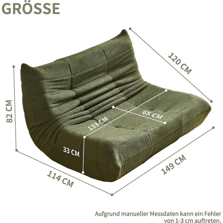 2-Sitzer Loungesofa aus Teddy-Vlies mit Plisseefalten-Design, ergonomisch, 149x114x82 cm, Grün – Bild 10