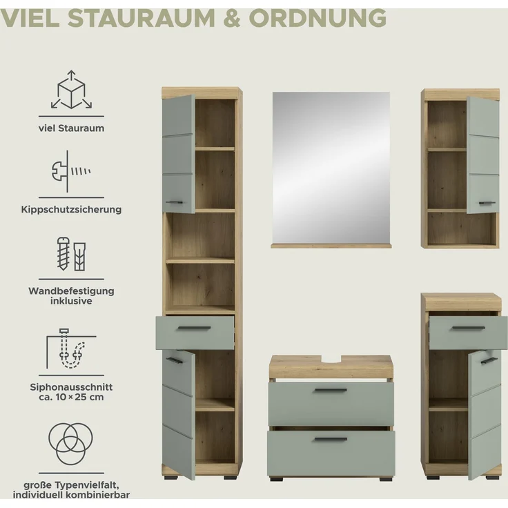 Xonox Scout Badkombination (B/H/T: 164x191x34 cm) in Salbei und Artisan Eiche Nachbildung – Bild 12