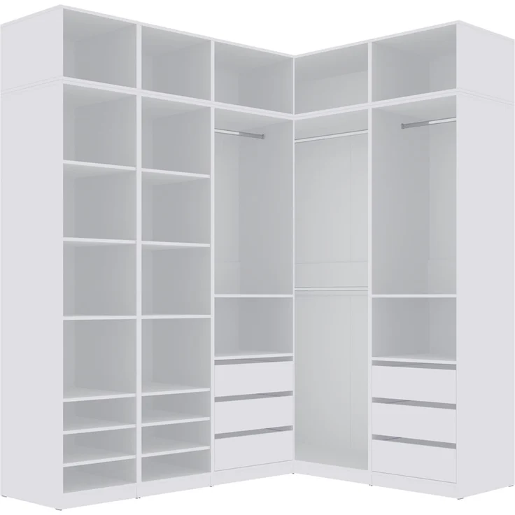 Marmex Möbel Tres Set-U/N (B) Hohes offenes Schranksystem, geräumige Einbauschränke, Eckkleiderschrank-Sets mit Regalen und Kleiderstangen, laminierte Spanplatte, weiß 221/150x246x51 cm – Bild 9