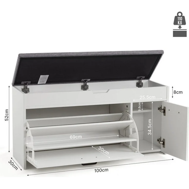 Mondeer Schuhbank Schuhhocker, mit Sitzfläche, mit Klappschublade, 100 x 30 x 52 cm, Weiß + Grau – Bild 2