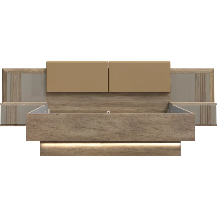 Bettanlage >SAVONA< mit LED, Eiche Antik Dekor / Beige Glanz - 290,1x97,5x206,6cm (BxHxT) – Bild 3