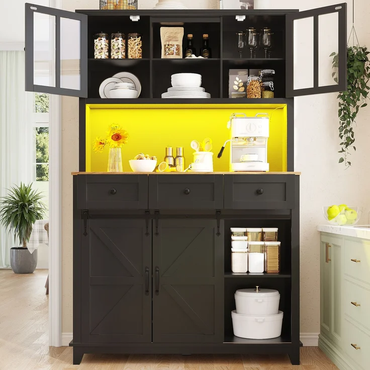 Küchenschrank(105×38.4×180cm), Hochschrank Küchenbuffet, Vitrinenschrank, Buffetschrank mit Verstellbaren Ablagen, Sideboard mit LED-Beleuchtung,Variable Lichtfarben, schwarz--Schwarz--105x38.4x180cm--YOUDENOVA – Bild 2