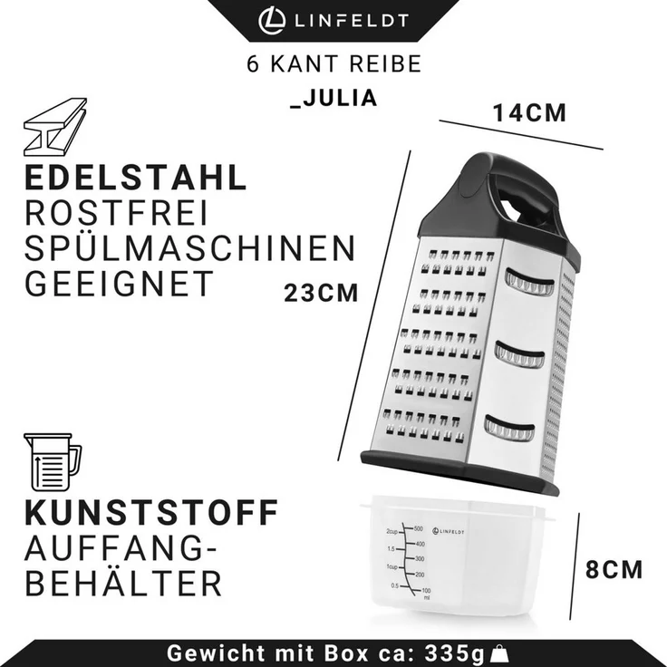 LINFELDT Gemüsehobel 6 - Kant Reibe mit smartem Auffangbehälter Edelstahl, Edelstahl – Bild 2
