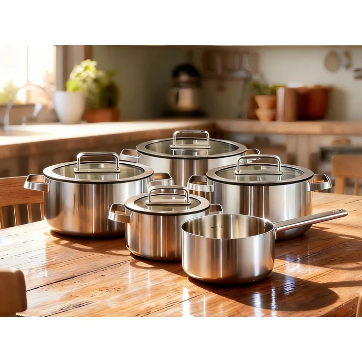 Hanseatic Topf-Set PREMIUM, Edelstahl (Set, 9-tlg, Kochtopf 1x 16 cm / 2x 20 cm / 1x 24 cm, Stielkasserolle 16 cm), handfreundliche Griffe, Literskala, Glasdeckel, Induktion – Bild 2