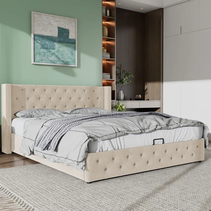 Polsterbett 140x200 cm aus Samt mit Bettkasten – Chesterfield-Design, Kopfteil 94,5 cm – Bild 1