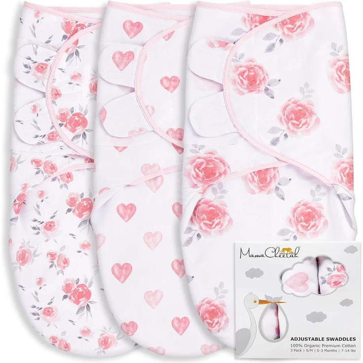 Mama Cheetah Bio Pucksack für Frühgeborene | Einfache Wickeltücher für Frühgeborene 1,8 bis 3,2 kg | Essentials für Neugeborene | Baumwolle Grau/Rosa | 3 Stück