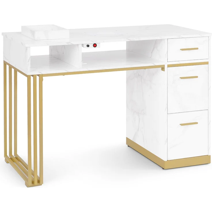 BarberPub Manikürtisch mit 3 Schubladen & 2 Ablagen, Nageltisch mit Absaugung, 2 Staubsaugerbeuteln, Nagelfrisiertisch Holz, Schreibtisch für Nagelstudio, Marmor-Weiß Gold, 57x112x80cm, 2472 – Bild 1