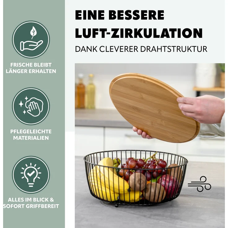 eluno Obstkorb - Brotkorb mit Bambusdeckel, runde Obstschale Metall schwarz, ca. 30 x 30 x 10,5 cm (B/H/T) – Bild 5