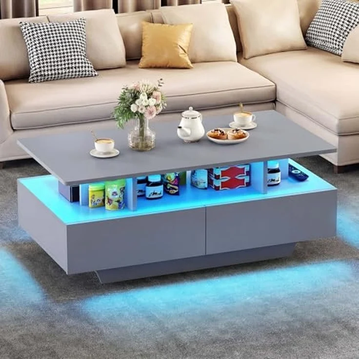 YITAHOME Couchtisch Grau, Wohnzimmertisch Hochglanz mit 16-Farbiger LED Beleuchtung Modern, Beistelltisch Weiss mit Offenem Ausstellungsregal und 4 Ausziehbaren Schubladen 90x55x41,1 cm – Bild 5